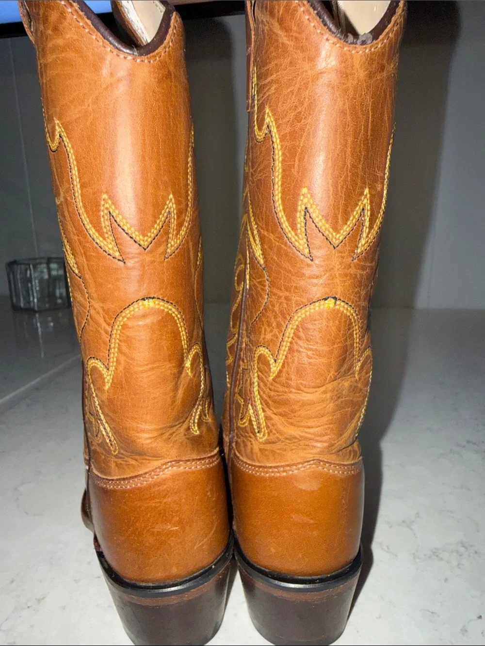 Old West Brown Leather Kids Western Boots with Yellow Stitching